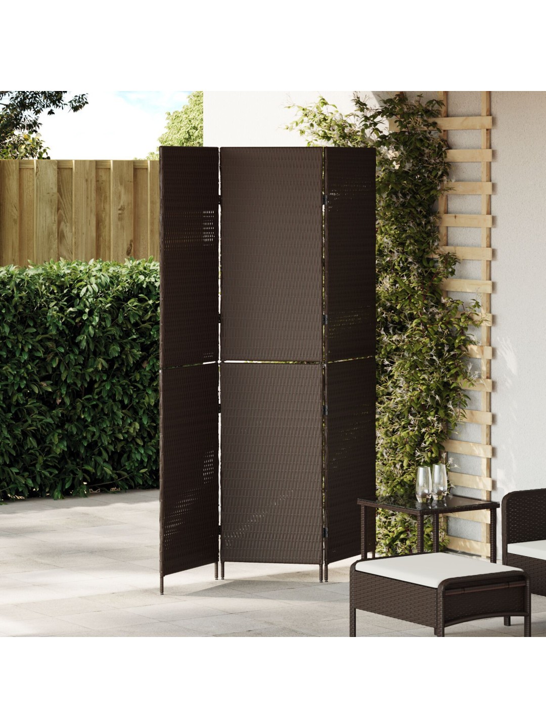Huonejakaja 3 paneelia taitettava ruskea 146x180 cm poly rattan