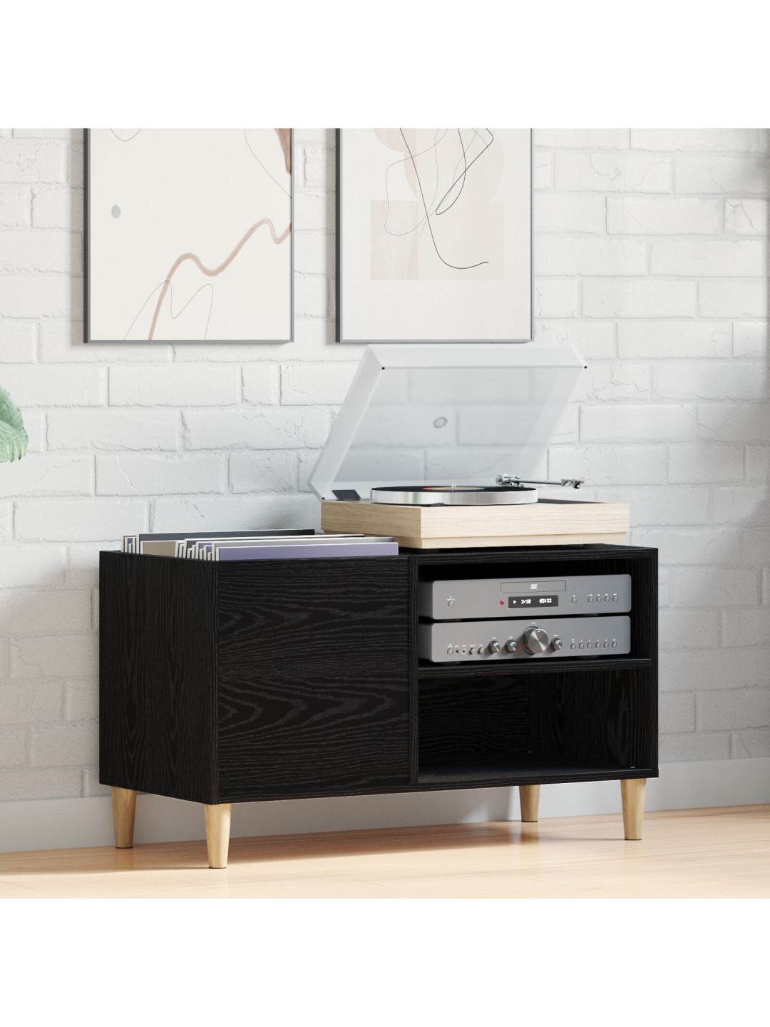 Record cabinet musta tammi 84,5x38x48 cm tekninen puu