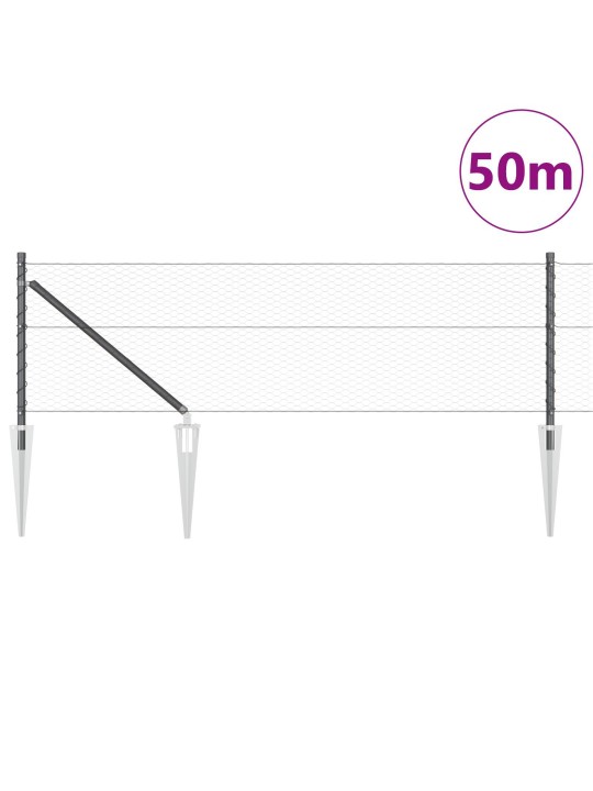 Kuusikulmainen Aita Harmaa 0,6x50 m Teräs, Aitapostit Piikkikiinnityksellä 13 kpl Ø32 mm 80 cm Galvanoitu Teräs