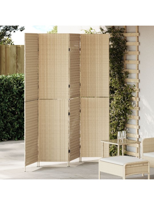 Huonejako 4 paneelia taitettava beige 196x200 cm poly rattan