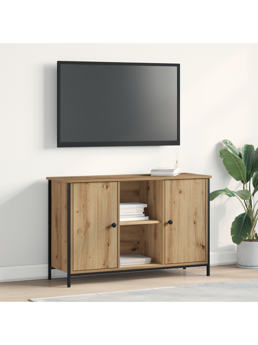 Tv-kaappi musta tammi 101x35x65 cm karkaistu puu ja teräs
