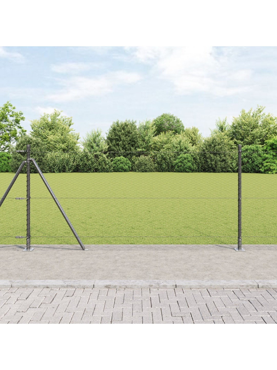 Kuusikulmainen aita Harmaa 0,8x10 m Teräs, Aitapostit, joissa jalustat 7 kpl Ø32mm 90cm Galvanoitu teräs