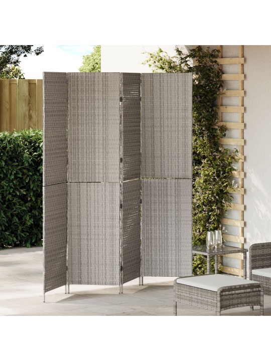 Huonejakaja 4 paneelia taitettava harmaa 195x180 cm poly rattan