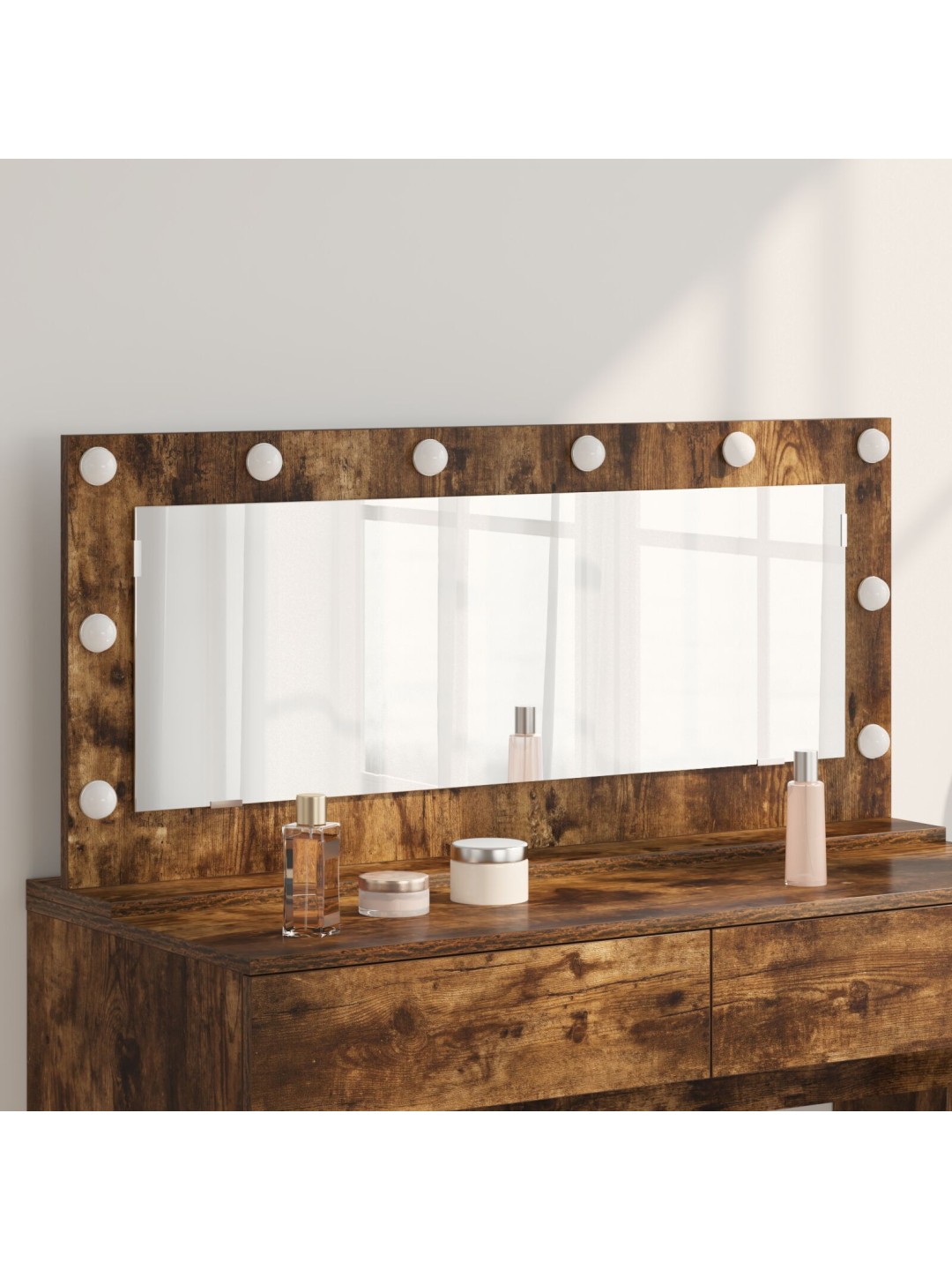 Meikkimuotoilija led-valoilla, savutetusta tammi 100x45x18 cm