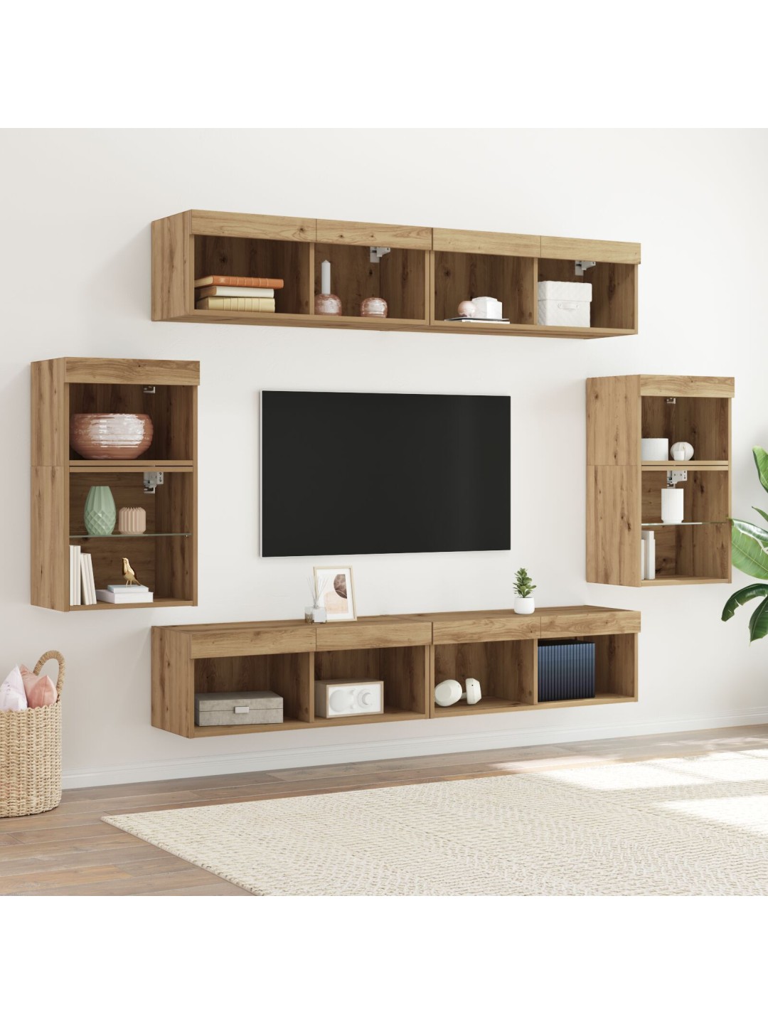 8-osainen tv-seinäkot setti led-artisan tammesta