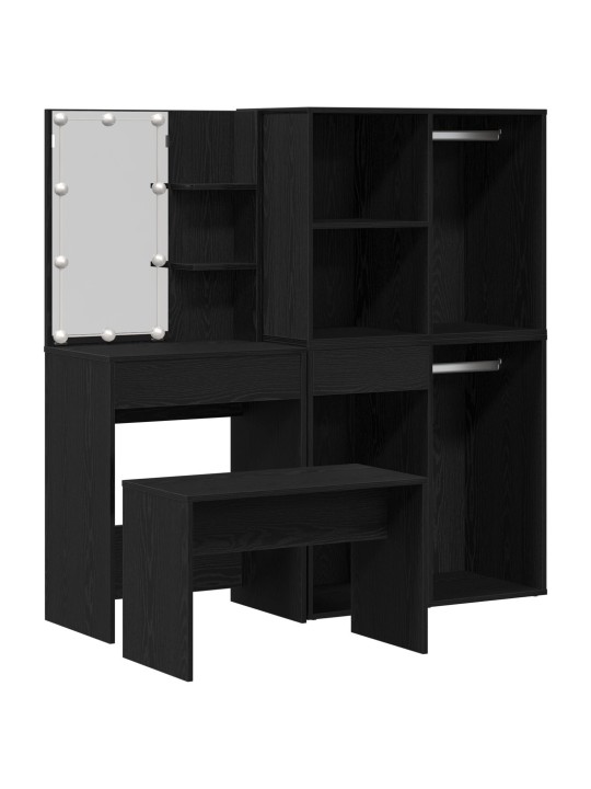 Meikkipöytäsetti LEDillä Musta tammi Engineersahapuu, LED meikkipöytä mustassa tammessa, 60x40x140 cm, valmistettu engineersahapusta, Musta tammi kosmetiikkakaappi 80x40x75 cm valmistettu engineersahapusta, Musta tammi kosmetiikkakaappi - 80x40x65 cm, val