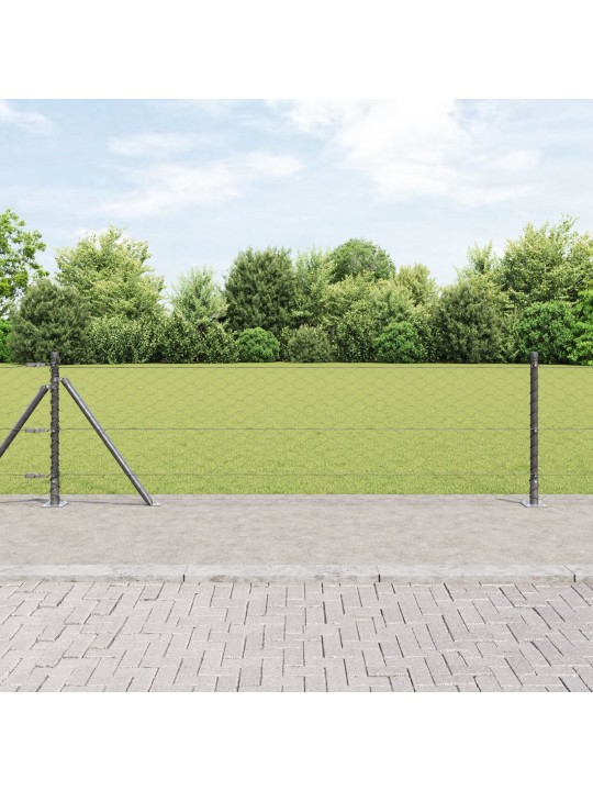Kuusikulmainen aita Harmaa 0,6x50 m Teräs, Aitapalkit perustukilla 13 kpl Ø32mm 70cm Galvanoitu teräs