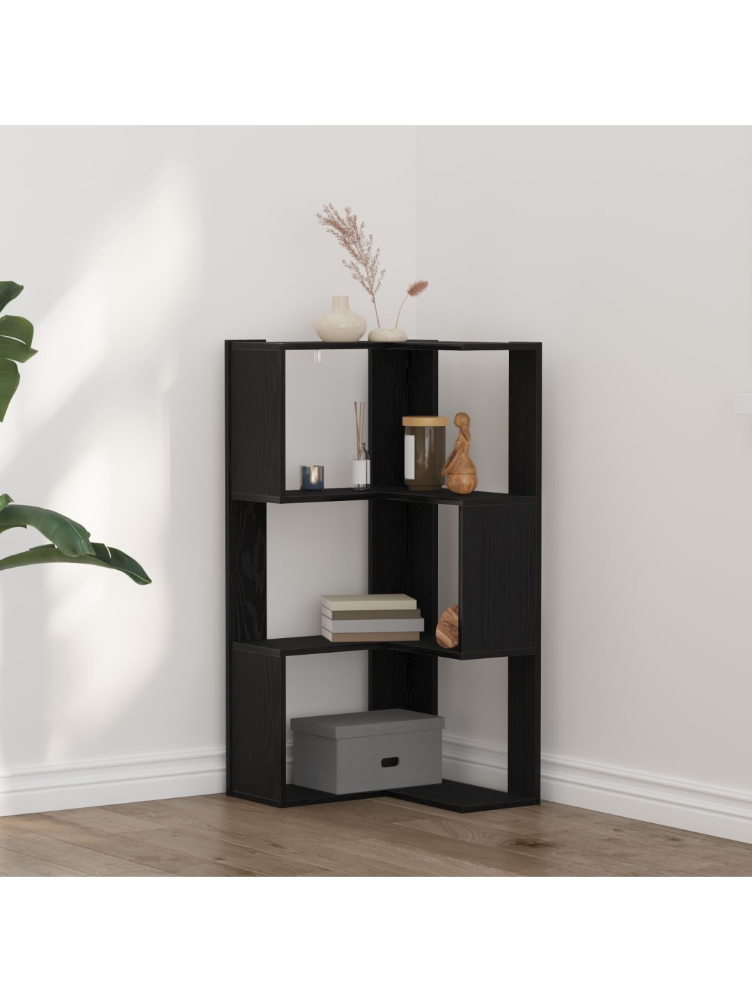 Kulmalehtihylly 3-tasoinen musta tammi 50x50x102 cm engineered wood