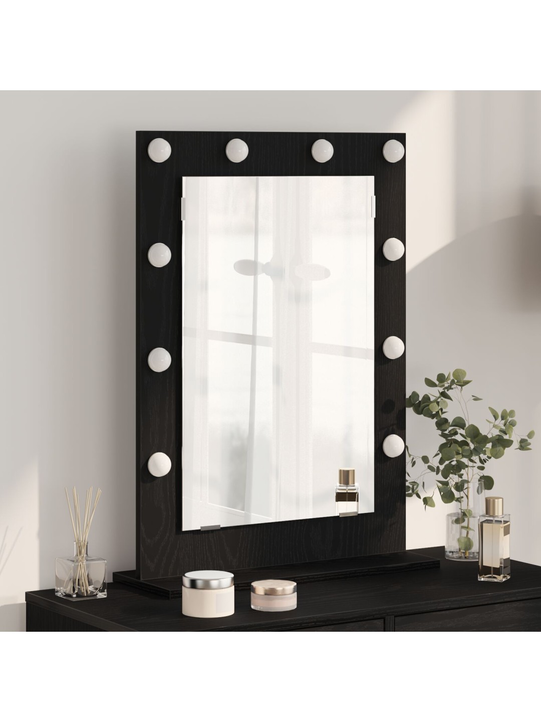 Meikkipesä led-valoilla musta tammi 70x50x18 cm