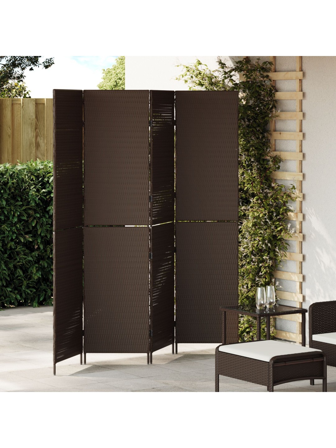 Huonejakaja 4 paneelia taitettava ruskea 195x180 cm poly rattan