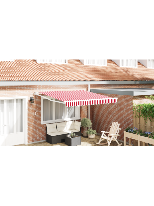 Automaattinen sisäänvedettävä markiisi punaisen ja valkoisen raidoituksen kanssa 300x250 cm