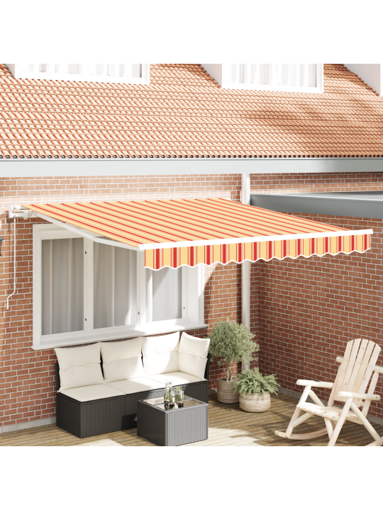 Automaattinen sisäänvedettävä markiis keltaisena ja oranssina 350x250 cm