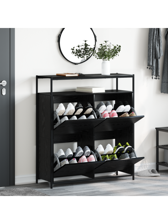 Kengäteline 4 kääntyvällä laatikolla musta tammi 100x34x112 cm