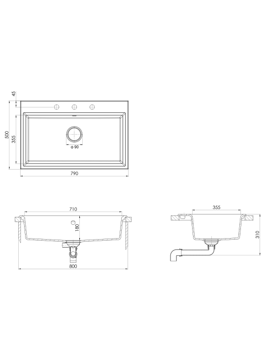 Keittiöallas musta 790x500x193 mm graniitti