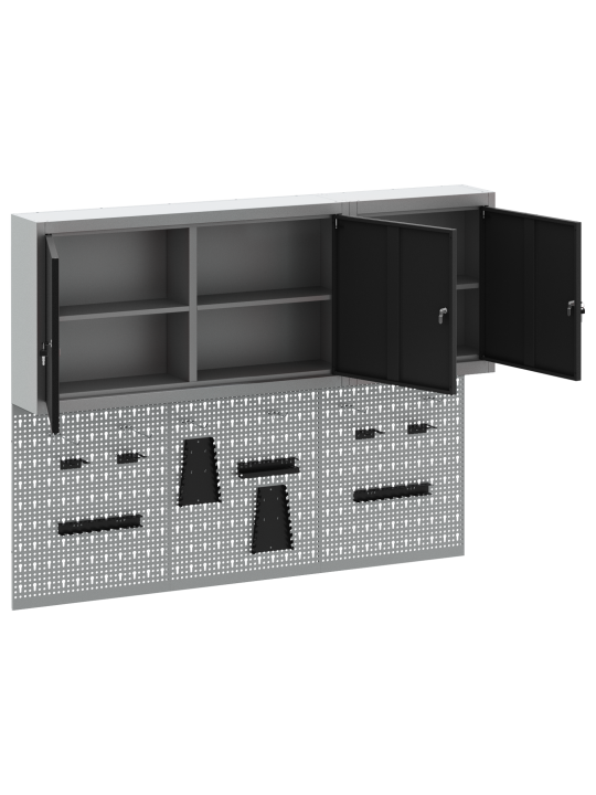 5-osainen työkalukaappi ja pegboard setti seinälle musta metalli
