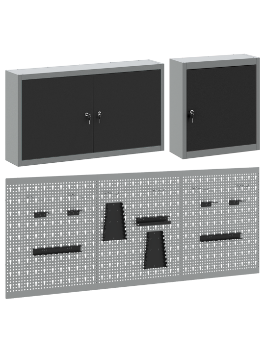 5-osainen työkalukaappi ja pegboard setti seinälle musta metalli