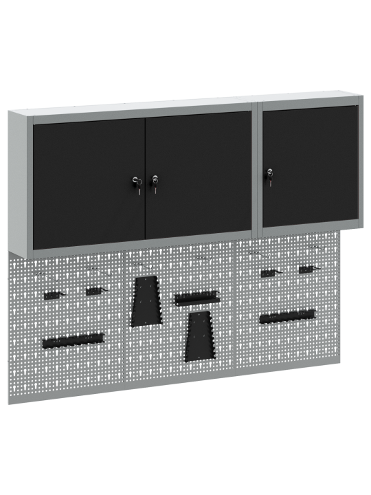 5-osainen työkalukaappi ja pegboard setti seinälle musta metalli