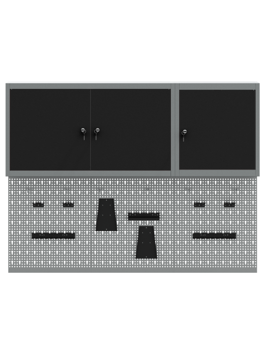 5-osainen työkalukaappi ja pegboard setti seinälle musta metalli