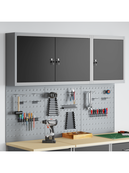5-osainen työkalukaappi ja pegboard setti seinälle musta metalli
