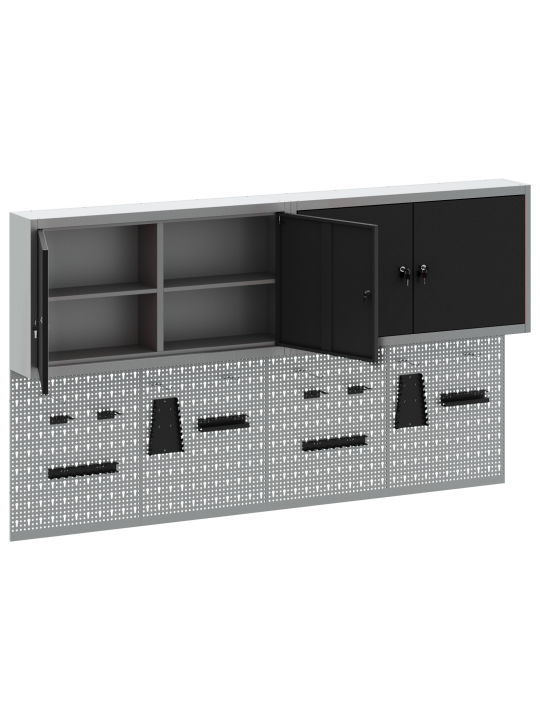 6-osainen työkalukaappi ja pegboard-setti seinäasennettava musta metalli