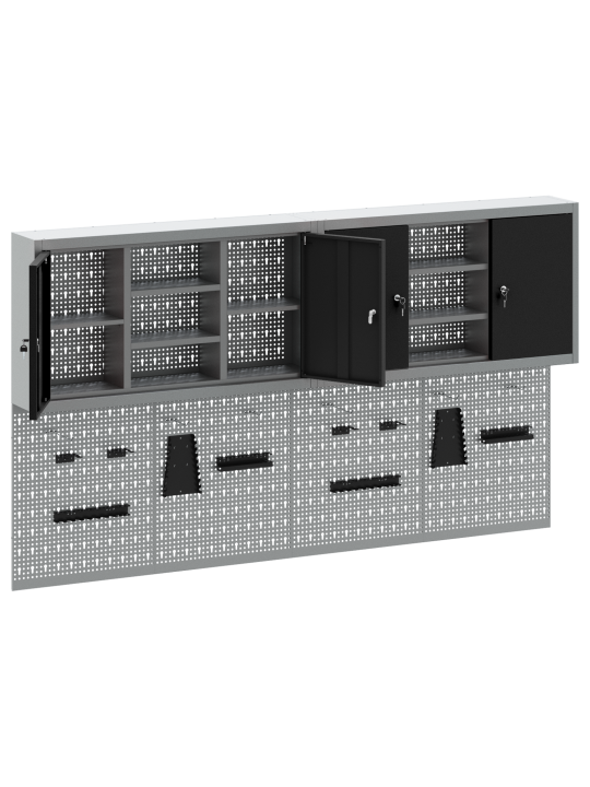 4 osainen työkalukaappi ja pegboard setti seinälle musta metalli