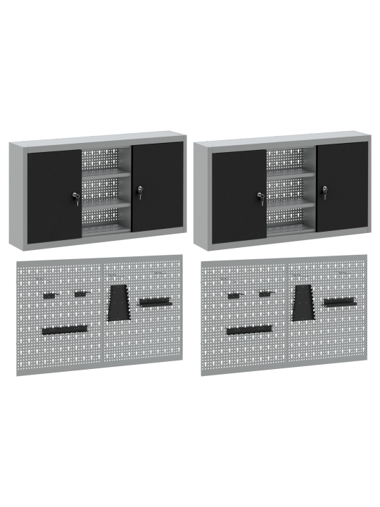4 osainen työkalukaappi ja pegboard setti seinälle musta metalli