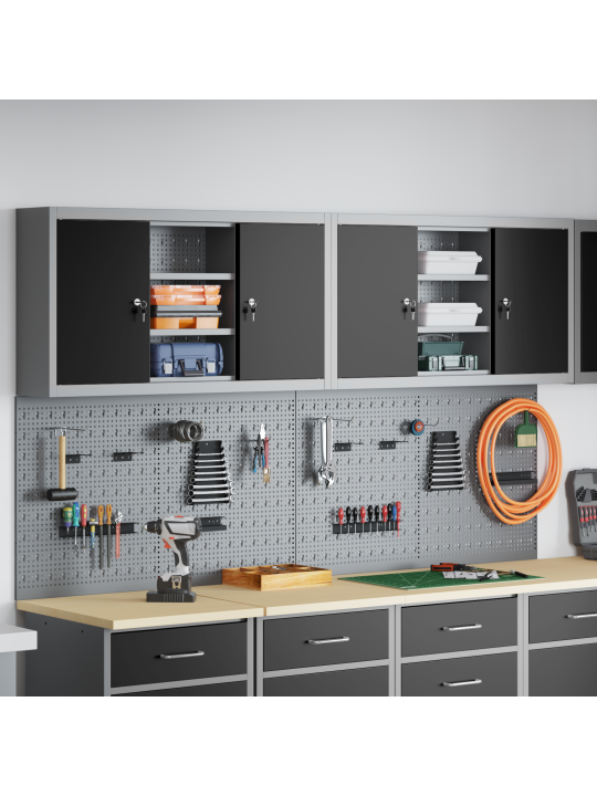 4 osainen työkalukaappi ja pegboard setti seinälle musta metalli