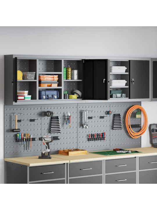 4 osainen työkalukaappi ja pegboard setti seinälle musta metalli