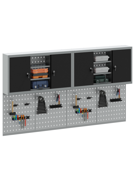 4 osainen työkalukaappi ja pegboard setti seinälle musta metalli