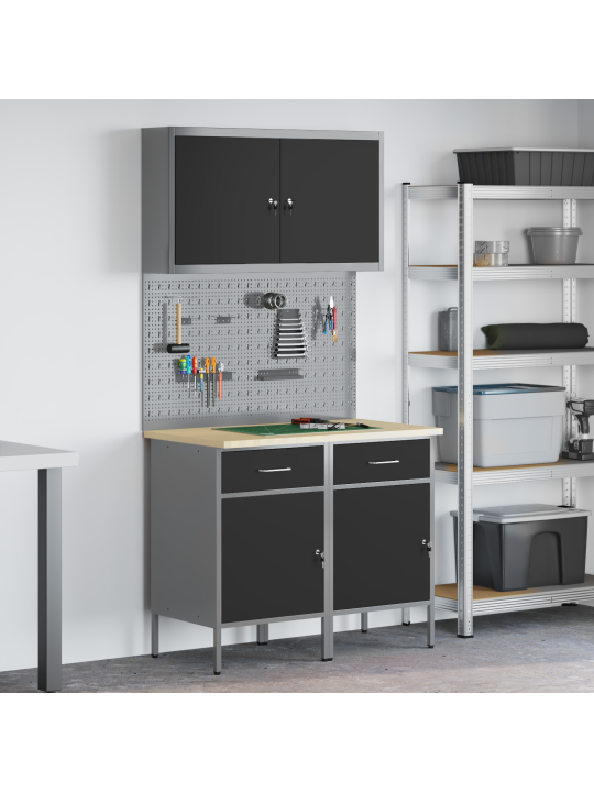 5-osainen työkaappi ja pegboard setti musta mdf ja metalli