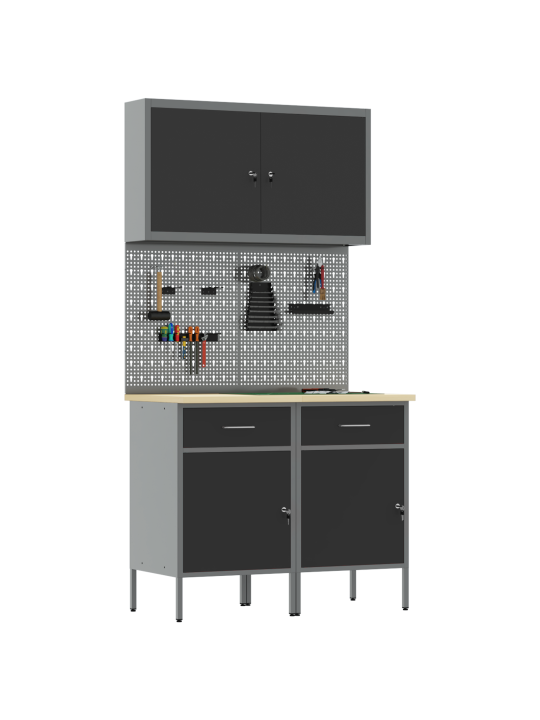 5-osainen työkaappi ja pegboard setti musta mdf ja metalli