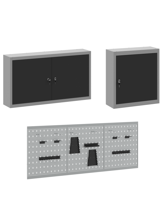 8-osainen työkaappi ja pegboard-setti, musta mdf ja metalli