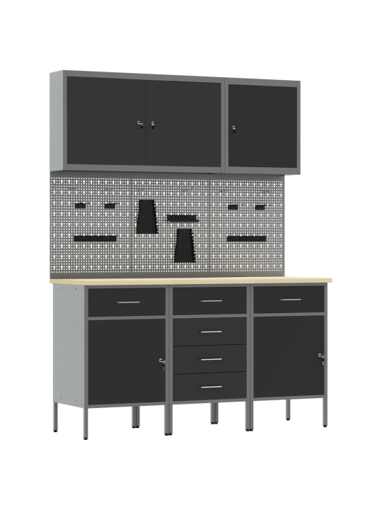 8-osainen työkaappi ja pegboard-setti, musta mdf ja metalli