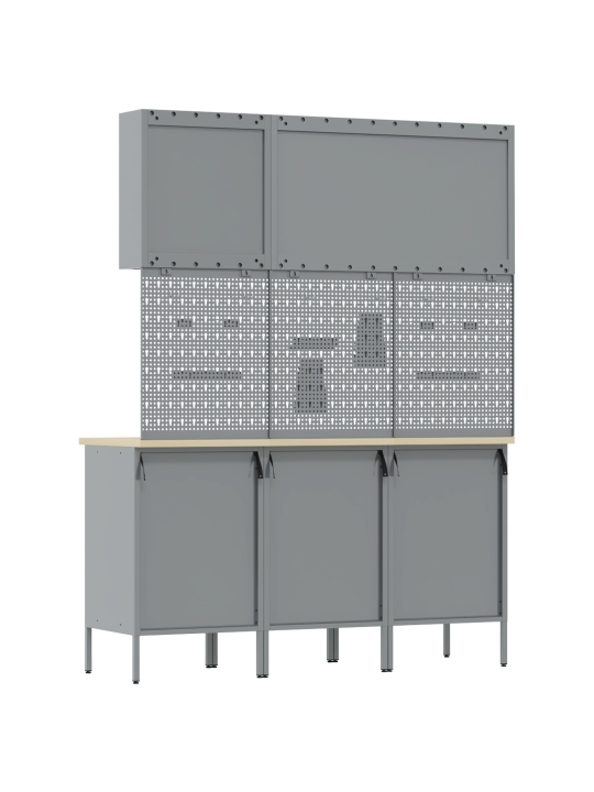 8-osainen työkaappi ja pegboard-setti, musta mdf ja metalli