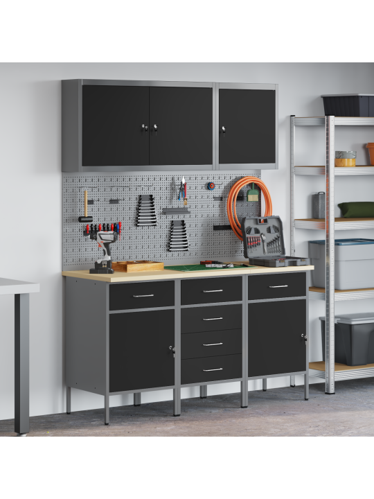 8-osainen työkaappi ja pegboard-setti, musta mdf ja metalli