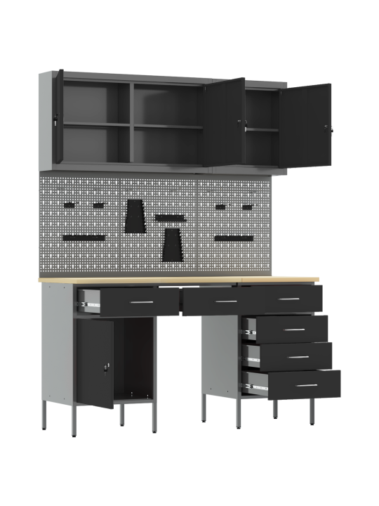 8-osainen työkaappi ja pegboard-setti, musta mdf ja metalli