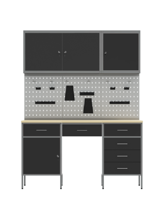 8-osainen työkaappi ja pegboard-setti, musta mdf ja metalli