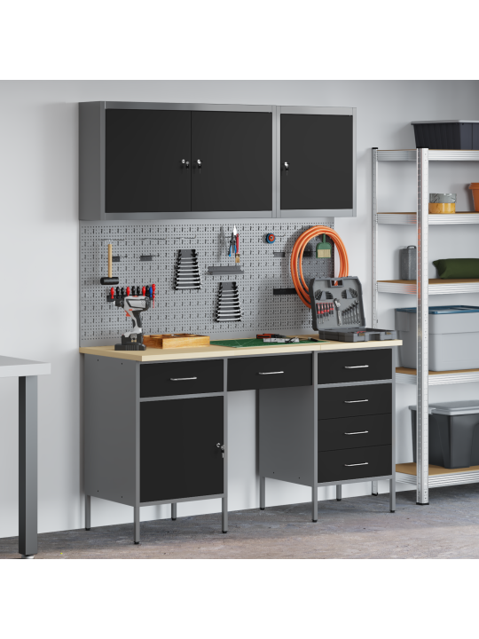 8-osainen työkaappi ja pegboard-setti, musta mdf ja metalli