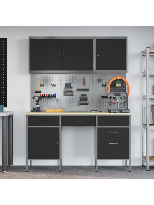 8-osainen työkaappi ja pegboard-setti, musta mdf ja metalli