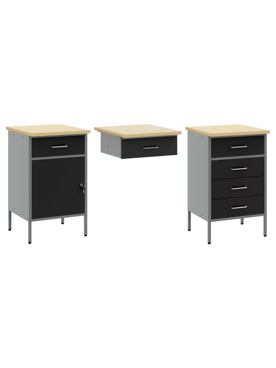 7-osainen työkaappi ja pegboard-setti, musta mdf ja metalli
