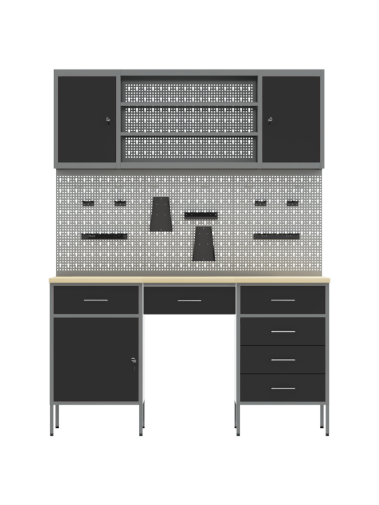 7-osainen työkaappi ja pegboard-setti, musta mdf ja metalli