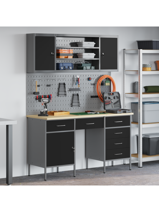 7-osainen työkaappi ja pegboard-setti, musta mdf ja metalli