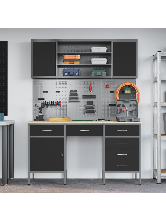 7-osainen työkaappi ja pegboard-setti, musta mdf ja metalli