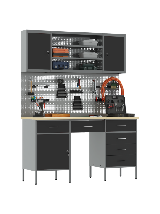 7-osainen työkaappi ja pegboard-setti, musta mdf ja metalli