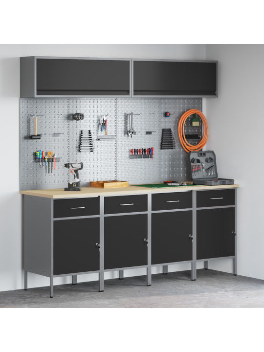 10 osan työkaappi ja pegboard-setti musta MDF ja metalli