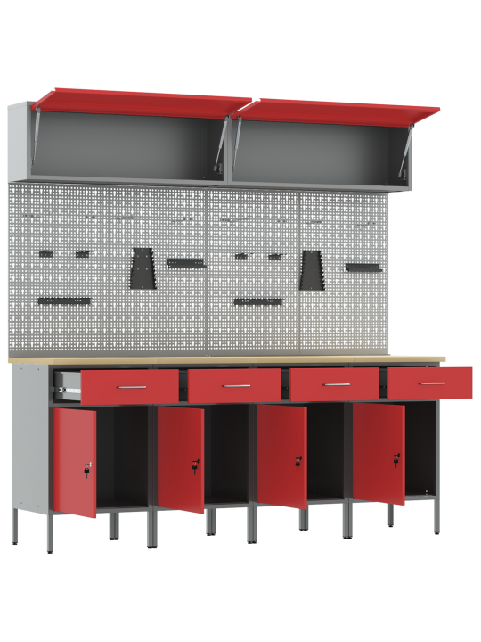 10-osainen työkalukaappi ja pegboard setti punainen mdf ja metalli