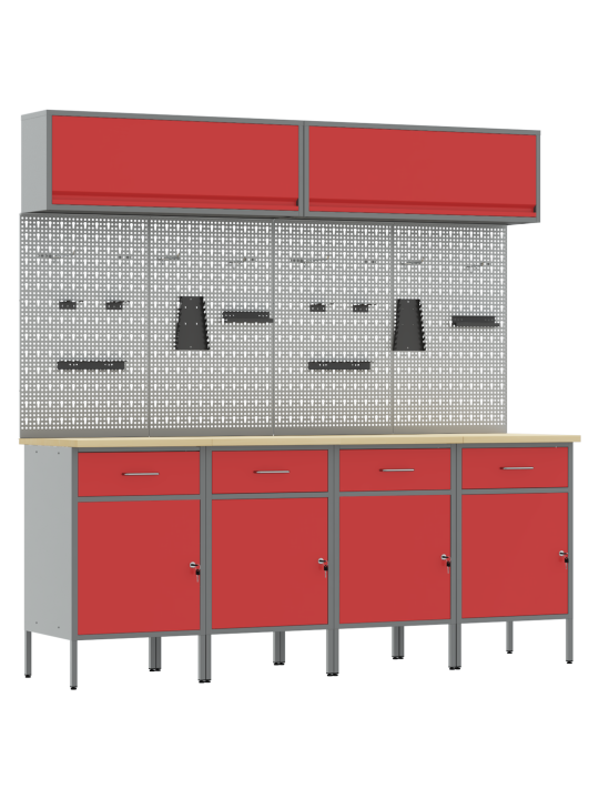 10-osainen työkalukaappi ja pegboard setti punainen mdf ja metalli