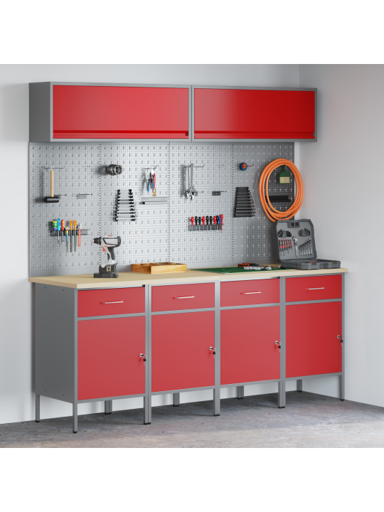10-osainen työkalukaappi ja pegboard setti punainen mdf ja metalli