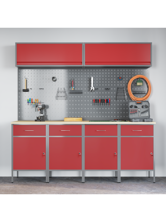 10-osainen työkalukaappi ja pegboard setti punainen mdf ja metalli