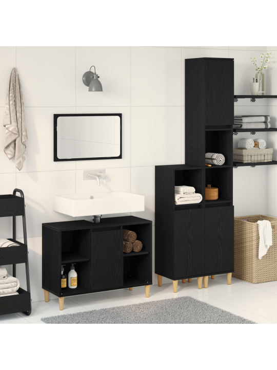 3 osan kylpyhuonekalustesarja Musta tammi Tekninen puu, Kylpyhuonekappi Musta tammi 30x30x190 cm Tekninen puu, Kylpyhuonekappi Musta tammi 30x30x100 cm Tekninen puu